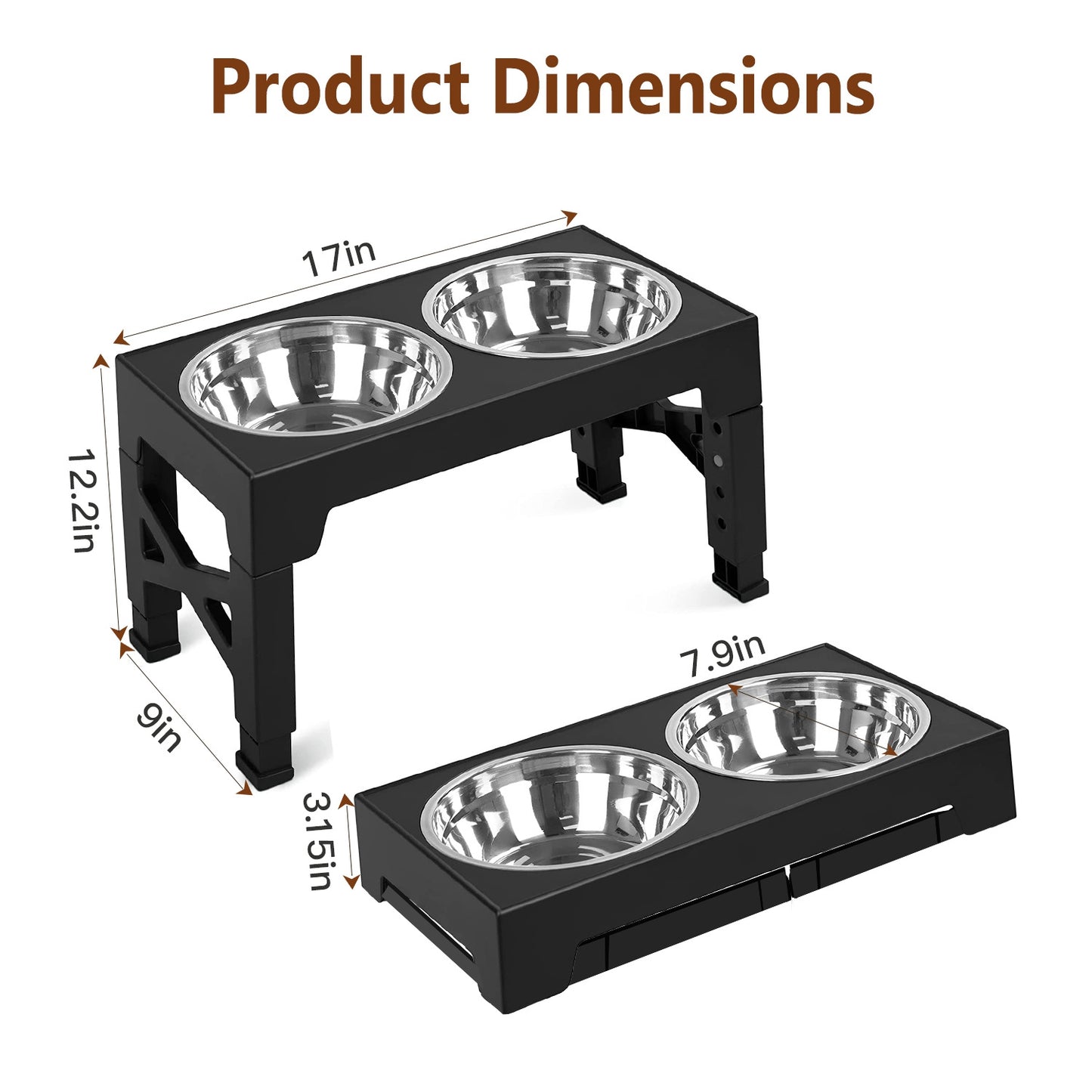 Dog Raised Bowls with 6 Adjustable Heights Stainless Steel Elevated Dog Bowls Foldable Double Bowl Dog Feeder for Small Medium Large Size Dog